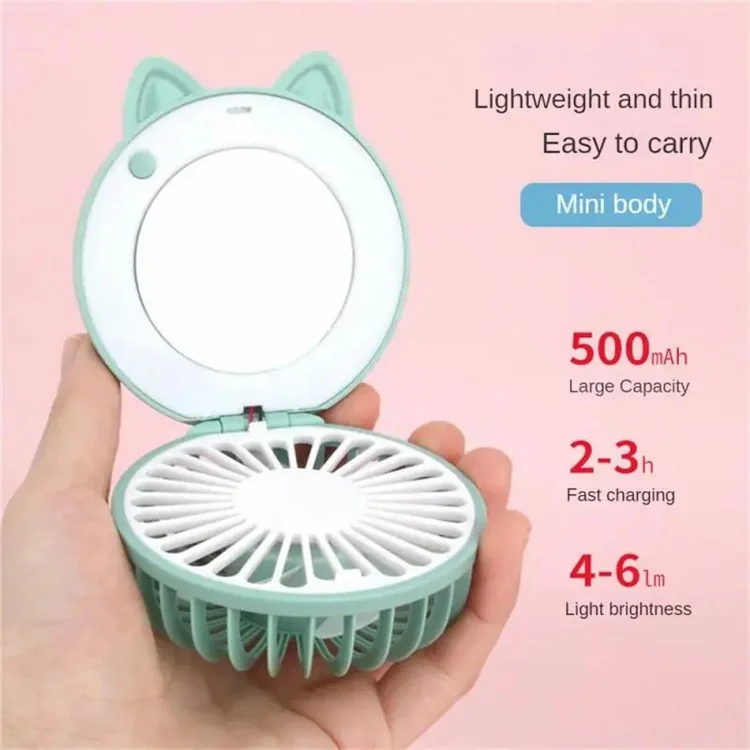 T8 2-in-1 3 Gears Mini Cooling Fan + Cartoon Makeup Mirror with Fill Light - Pink