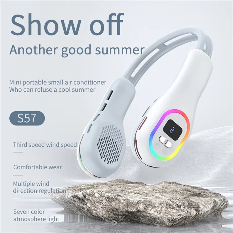 S57 Three Speeds Bladeless Neck Hanging Summer Cooling Fan with RGB Light - White