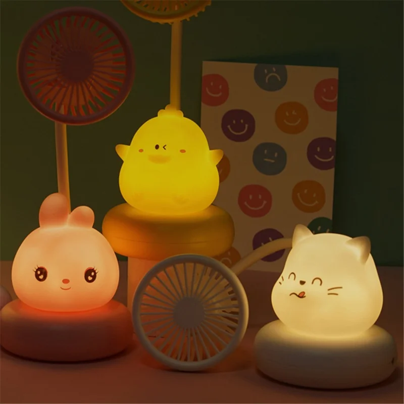 F306 Desktop Cooling Fan with Night Light 300mAh Rechargeable Table Fan Cartoon Pet Design - White