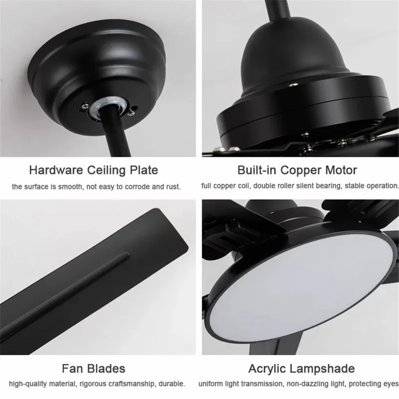 132CM Home Ceiling Fan Cooler with Light + English Remote Control (No Battery) - White Iron Blade