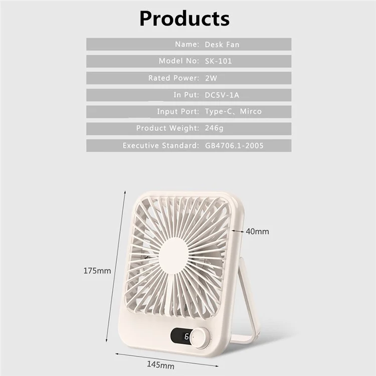 101 1-100 Gears Stepless Speed Silent Desk Fan with Triangular Support (CE / FCC Certified) - Blanc