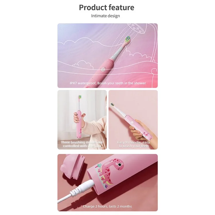 Brosse à dents électrique sonique K5 pour enfants avec 4 têtes de brosse de rechange et 3 modes - Rose