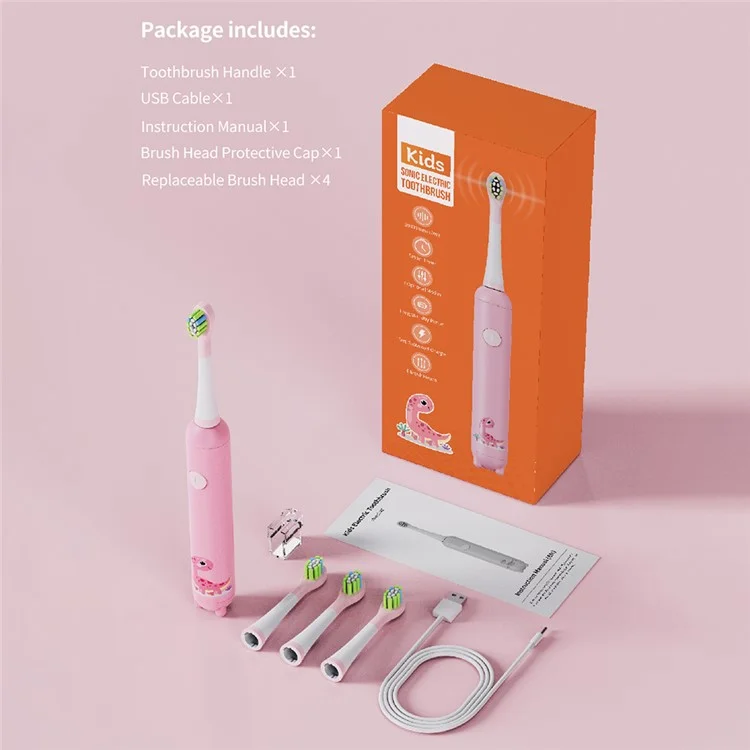 Brosse à dents électrique sonique K5 pour enfants avec 4 têtes de brosse de rechange et 3 modes - Rose