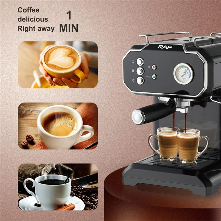 RAF R.104 EU Enchufe Máquina de Café Espresso Espumador de Leche Semiautomática Cafetera Cappuccino (Sin BPA, No FDA) - Negro
