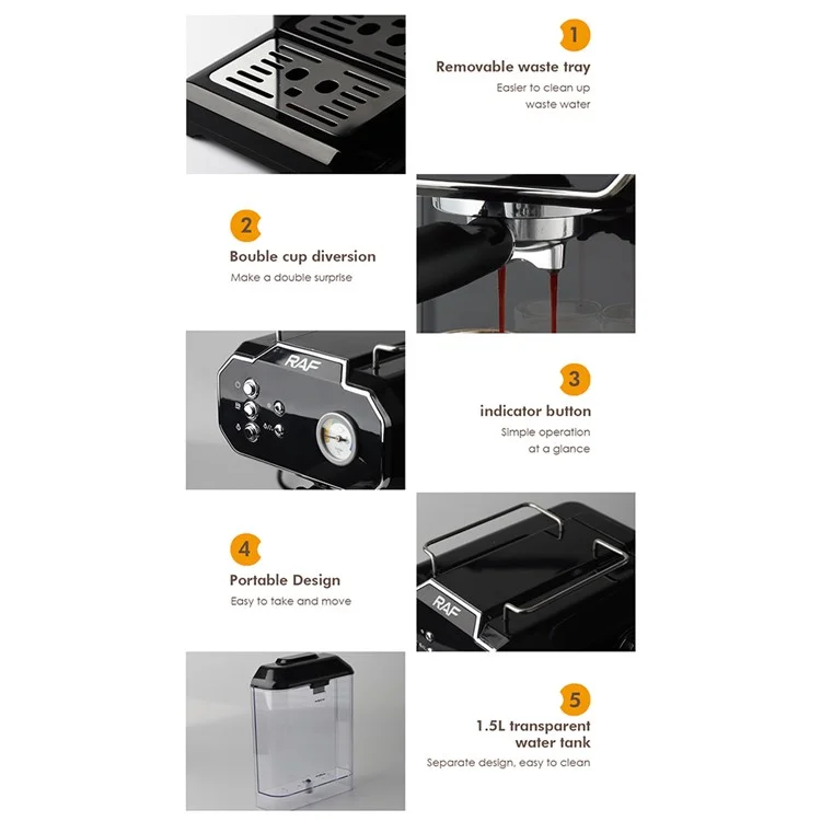 RAF R.104 EU Enchufe Máquina de Café Espresso Espumador de Leche Semiautomática Cafetera Cappuccino (Sin BPA, No FDA) - Negro