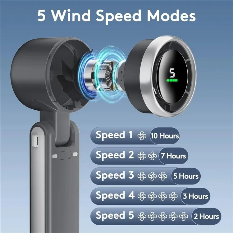 N607 Portable Rechargeable Cooling Fan 5 Wind Speeds Summer Turbine Handheld Fan - Black