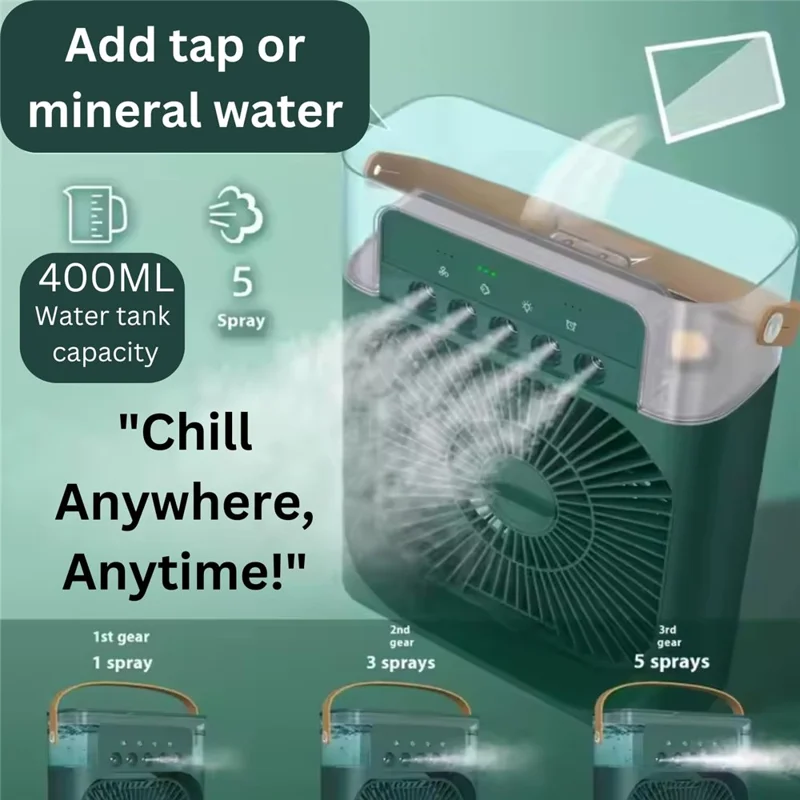 5-Hole Humidifier Desktop Mini Mist Diffuser Cooling Fan with 7-Color Night Light - Green