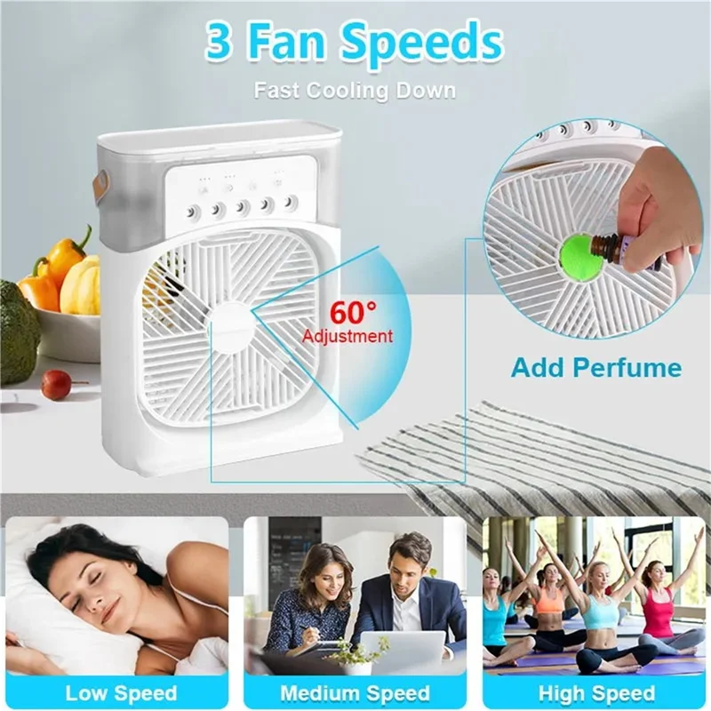 5-Hole Humidifier Desktop Mini Mist Diffuser Cooling Fan with 7-Color Night Light - White