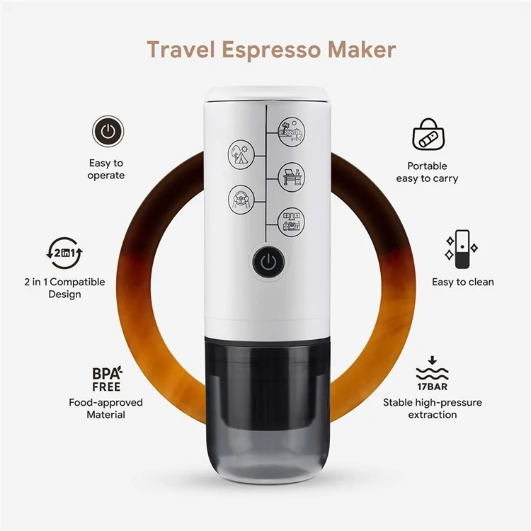 Portable Espresso Machine 2 in 1 Cordless Travel Coffee Maker for Car / Outdoor Use - White