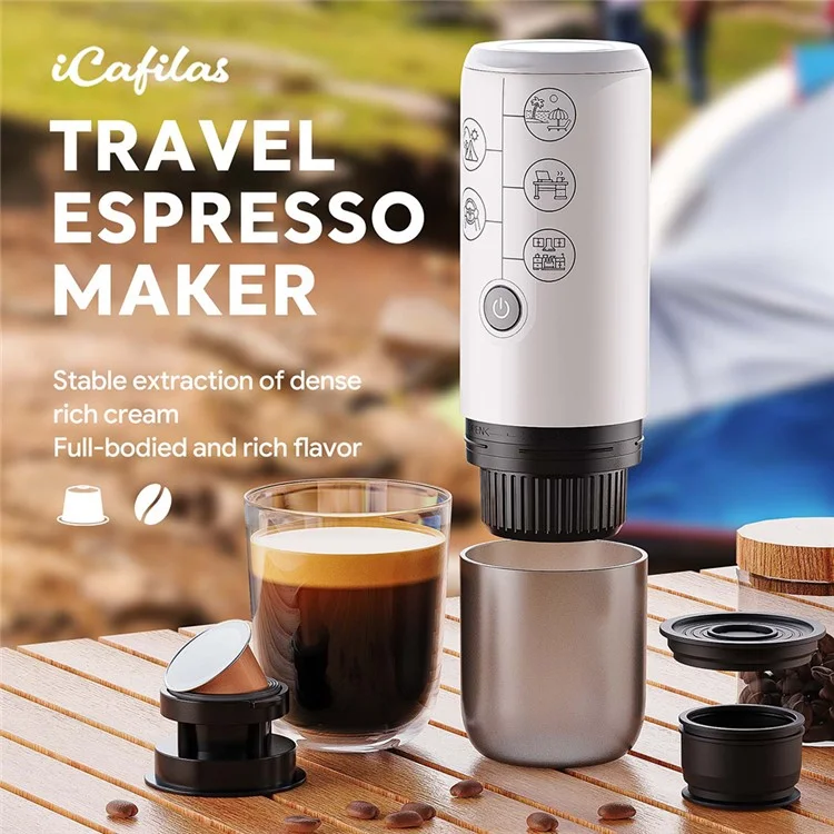 Portable Espresso Machine 2 in 1 Cordless Travel Coffee Maker for Car / Outdoor Use - White