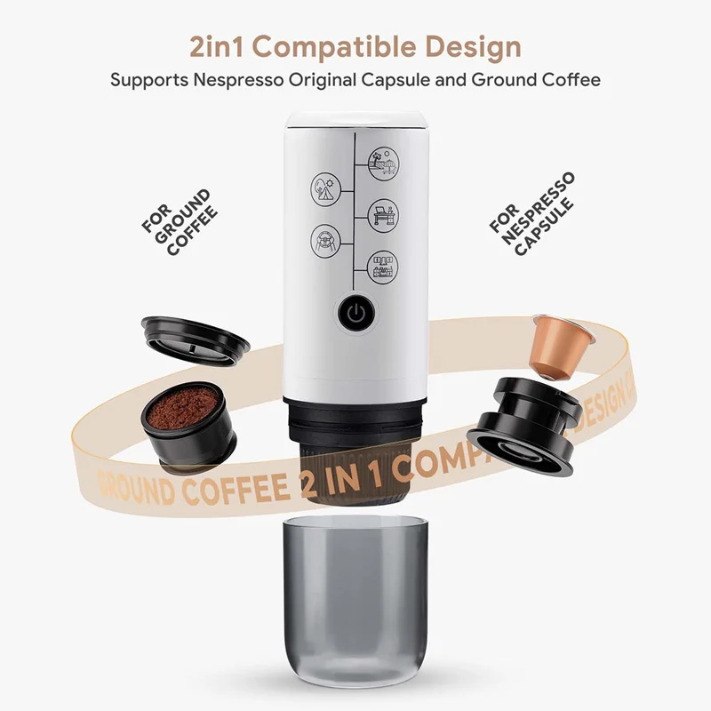 Portable Espresso Machine 2 in 1 Cordless Travel Coffee Maker for Car / Outdoor Use - White