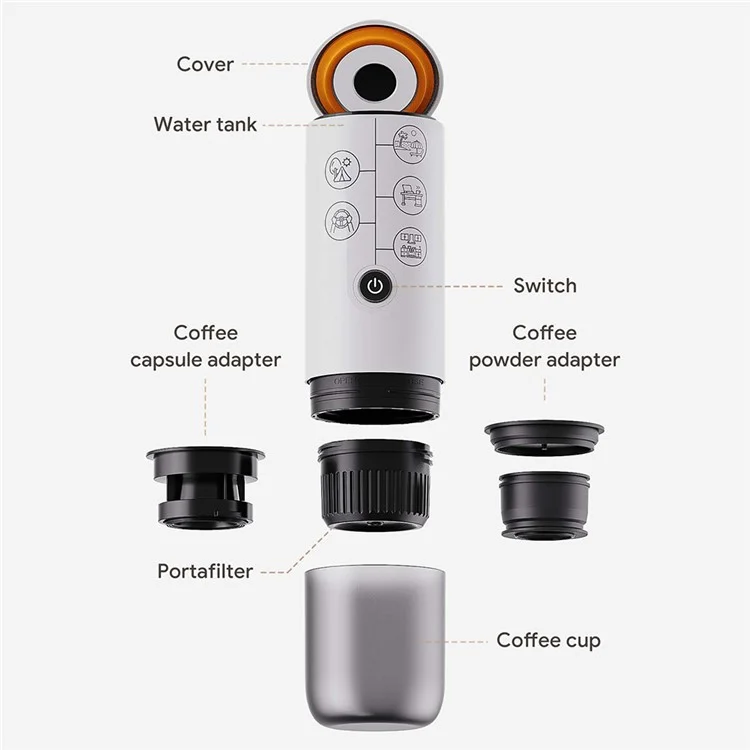 Portable Espresso Machine 2 in 1 Cordless Travel Coffee Maker for Car / Outdoor Use - White