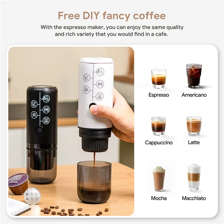 Portable Espresso Machine 2 in 1 Cordless Travel Coffee Maker for Car / Outdoor Use - White
