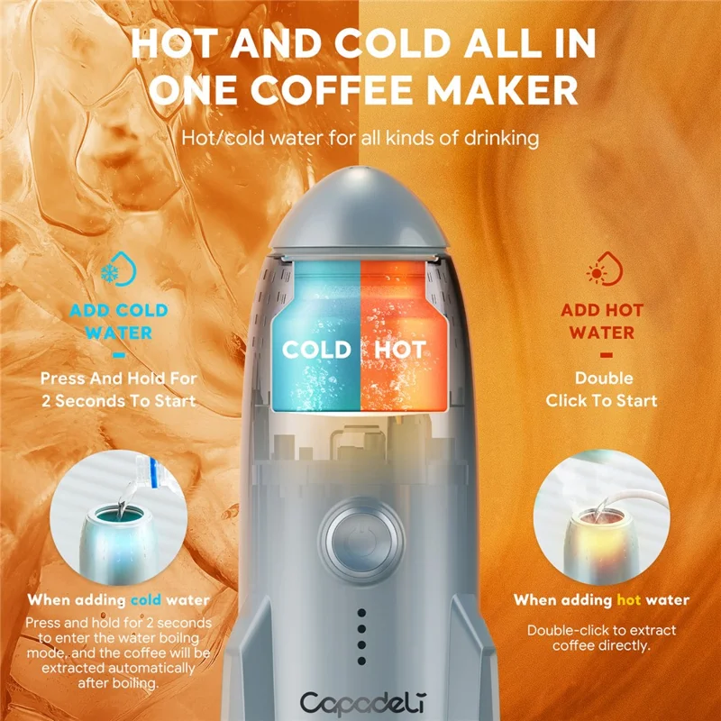 3 in 1 Capsule Espresso Machine Portable Coffee Maker Rocket Shaped Wireless Heated - Silver