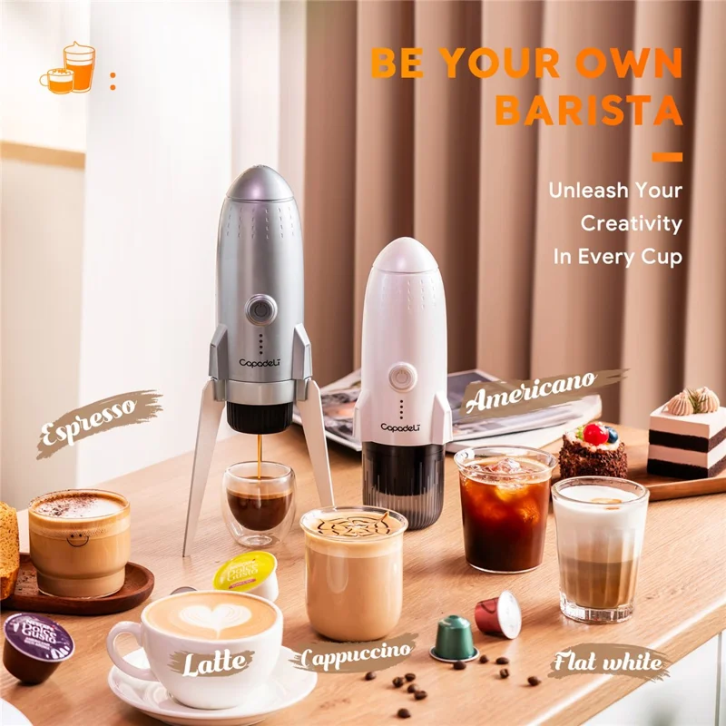 3 in 1 Capsule Espresso Machine Portable Coffee Maker Rocket Shaped Wireless Heated - Silver