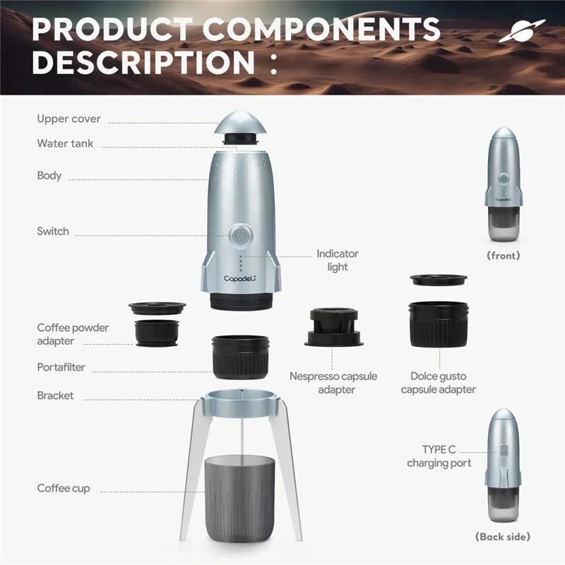 3 in 1 Capsule Espresso Machine Portable Coffee Maker Rocket Shaped Wireless Heated - Silver