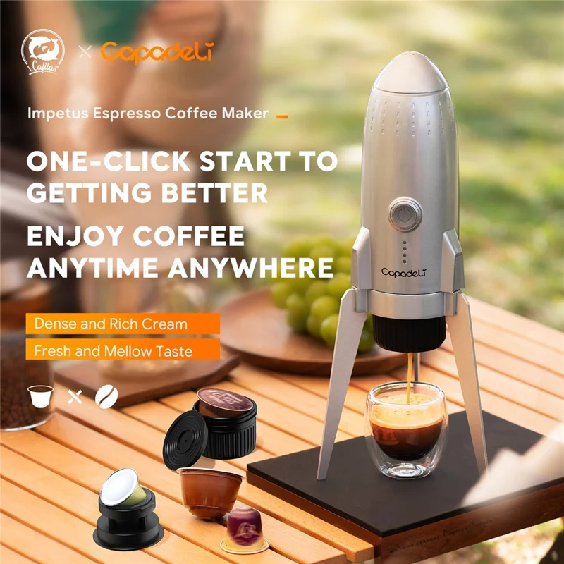 3 in 1 Capsule Espresso Machine Portable Coffee Maker Rocket Shaped Wireless Heated - Silver
