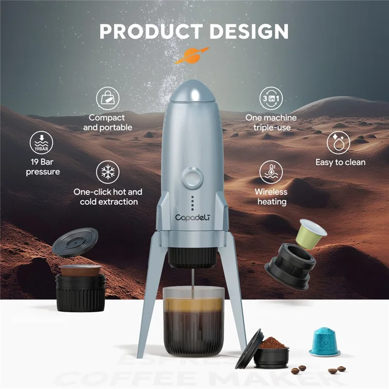 3 in 1 Capsule Espresso Machine Portable Coffee Maker Rocket Shaped Wireless Heated - Silver