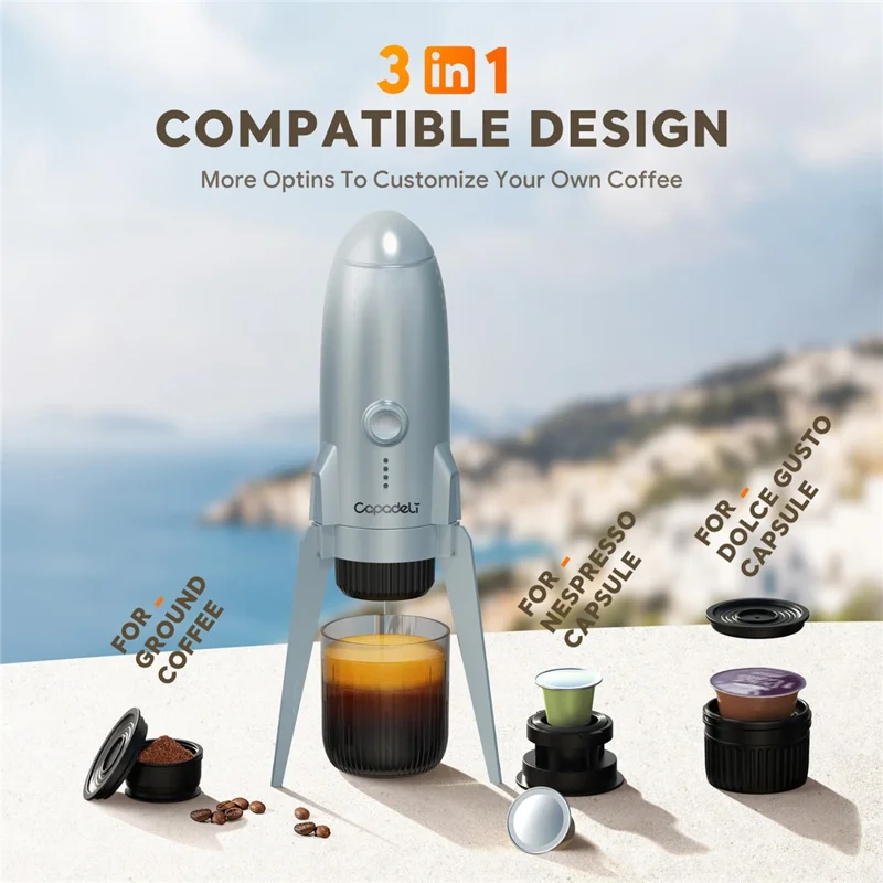 3 in 1 Capsule Espresso Machine Portable Coffee Maker Rocket Shaped Wireless Heated - Silver