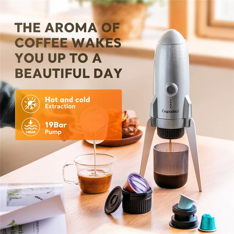 3 in 1 Capsule Espresso Machine Portable Coffee Maker Rocket Shaped Wireless Heated - Silver