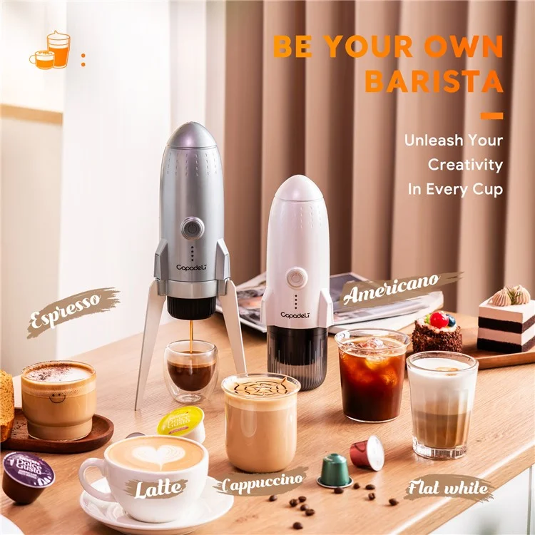 3 in 1 Capsule Espresso Machine Portable Coffee Maker Rocket Shaped Wireless Heated - White