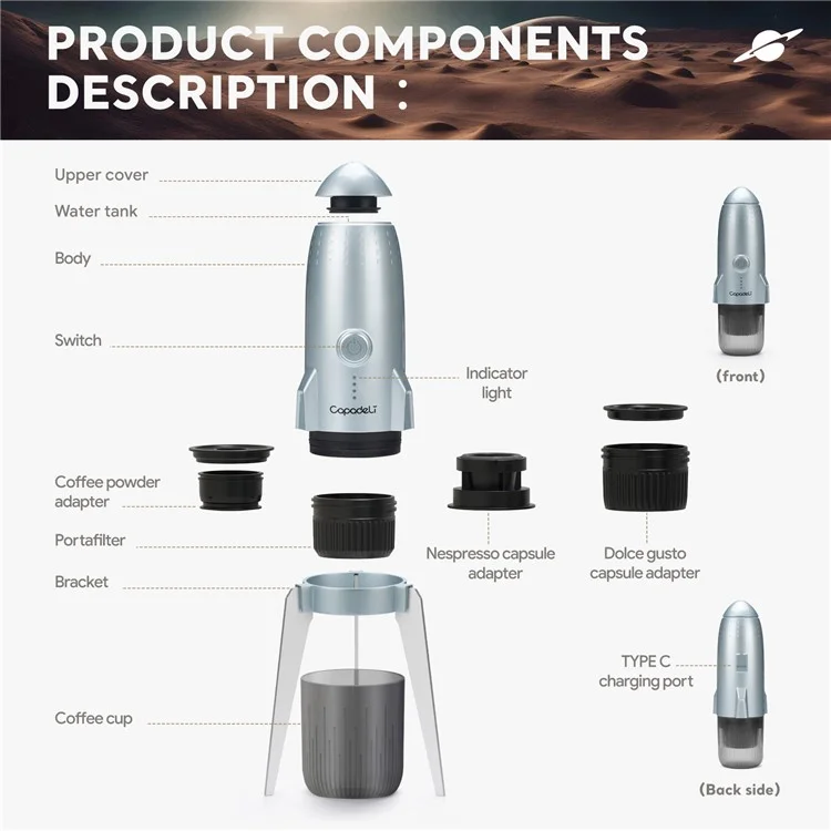 3 in 1 Capsule Espresso Machine Portable Coffee Maker Rocket Shaped Wireless Heated - White