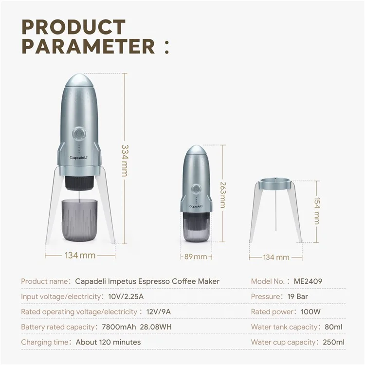 3 in 1 Capsule Espresso Machine Portable Coffee Maker Rocket Shaped Wireless Heated - White