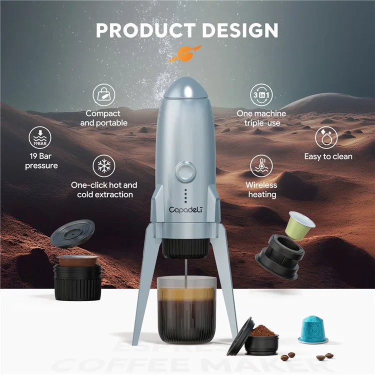 3 in 1 Capsule Espresso Machine Portable Coffee Maker Rocket Shaped Wireless Heated - White