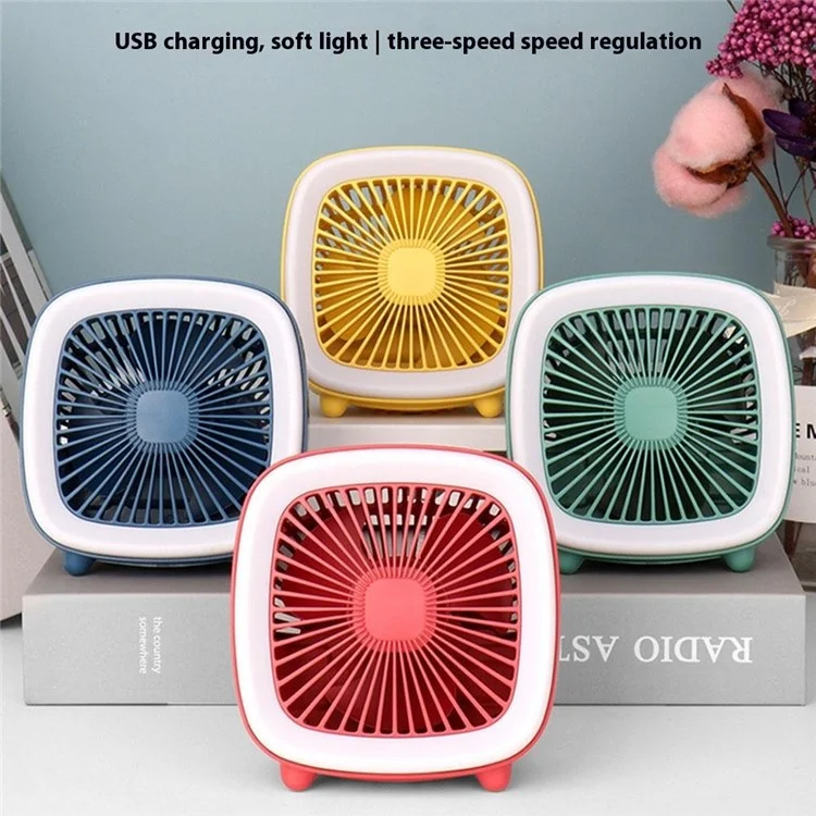 FC-6352 Ventilador de sobremesa mini con 3 velocidades, recargable por USB, con luz LED para refrescar el verano - Amarillo