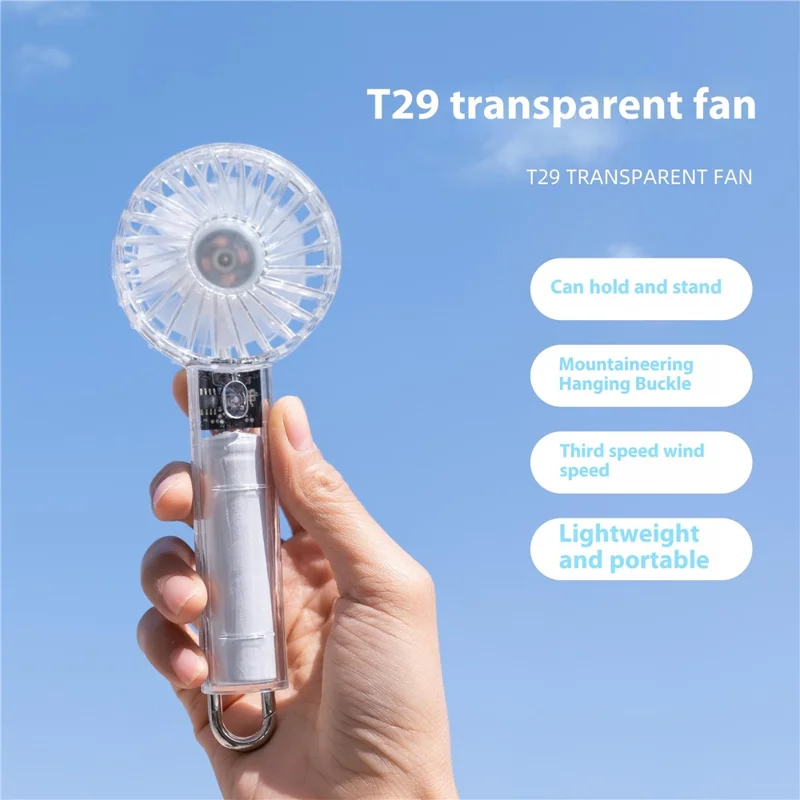 WT-T29 Transparent Mini Fan USB Rechargeable Portable Handheld Fan for Outdoor Hiking - Grey