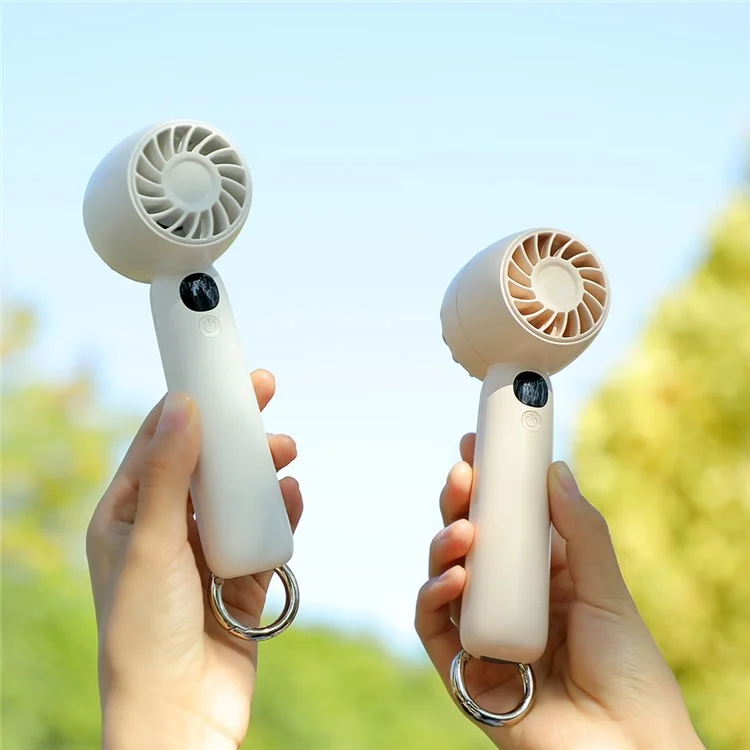 L08 5 Speeds Adjustable Mini Handheld Fan USB Rechargeable Digital Display Portable Desk Fan with Hook - White