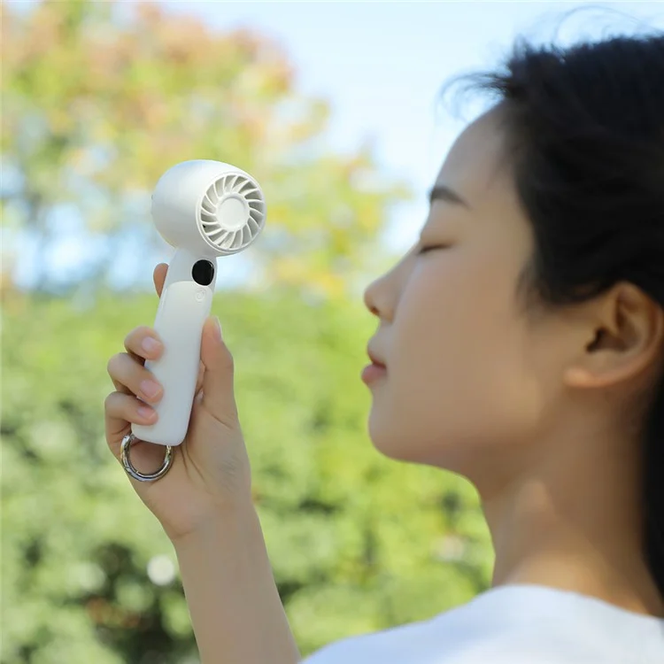 L08 5 Speeds Adjustable Mini Handheld Fan USB Rechargeable Digital Display Portable Desk Fan with Hook - White