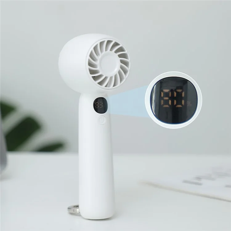 L08 5 Speeds Adjustable Mini Handheld Fan USB Rechargeable Digital Display Portable Desk Fan with Hook - White