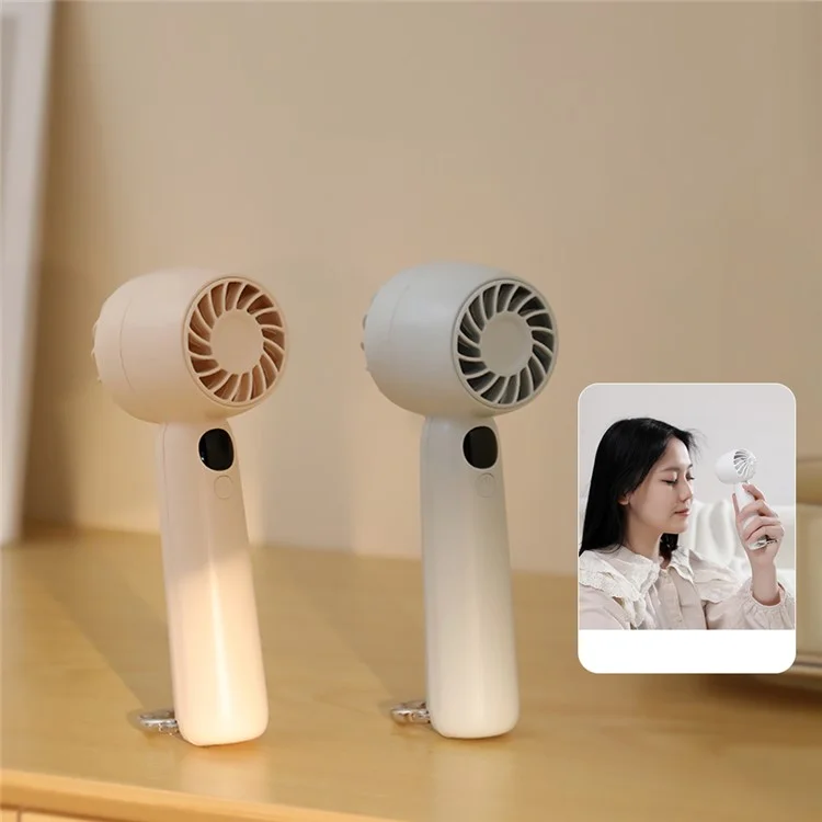 L08 5 Speeds Adjustable Mini Handheld Fan USB Rechargeable Digital Display Portable Desk Fan with Hook - White
