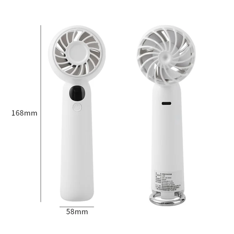 L08 5 Speeds Adjustable Mini Handheld Fan USB Rechargeable Digital Display Portable Desk Fan with Hook - White