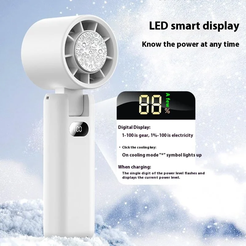 WT21 Handheld Turbo Fan with Ice 100 Speeds Rechargeable Digital Display Foldable Cooling Ice Fan - White
