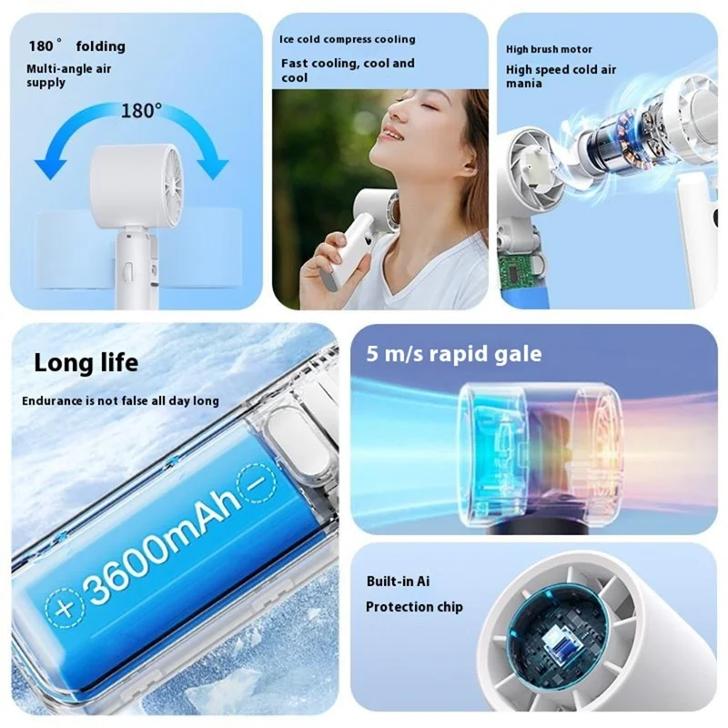 WT21 Handheld Turbo Fan with Ice 100 Speeds Rechargeable Digital Display Foldable Cooling Ice Fan - White