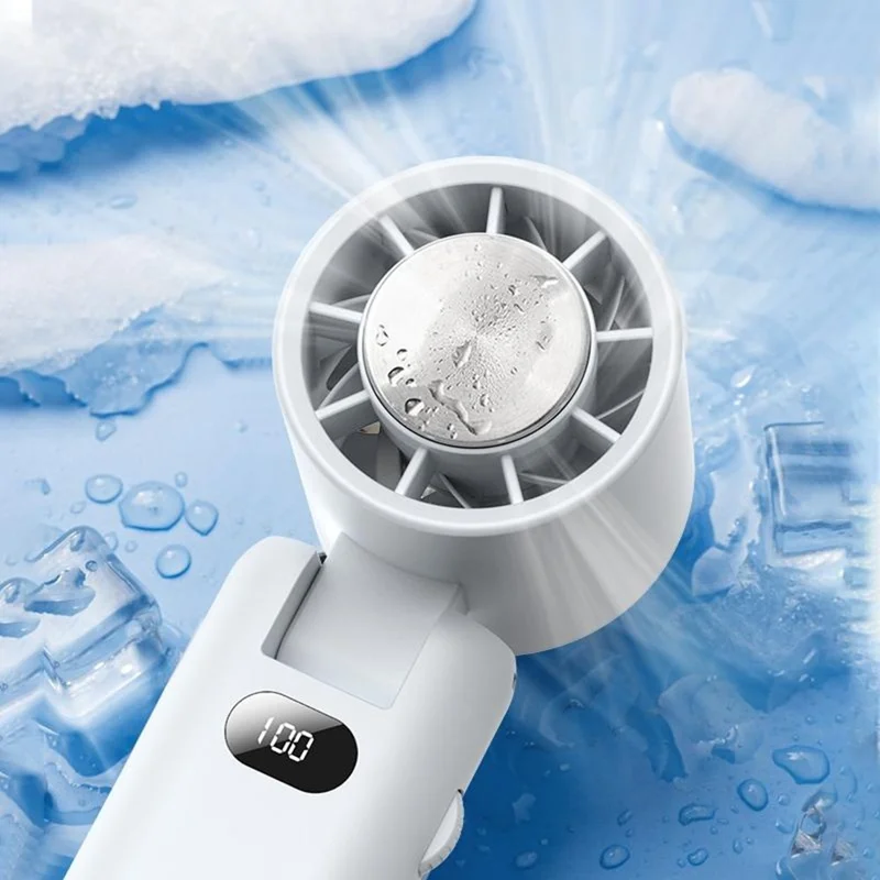 WT21 Handheld Turbo Fan with Ice 100 Speeds Rechargeable Digital Display Foldable Cooling Ice Fan - White