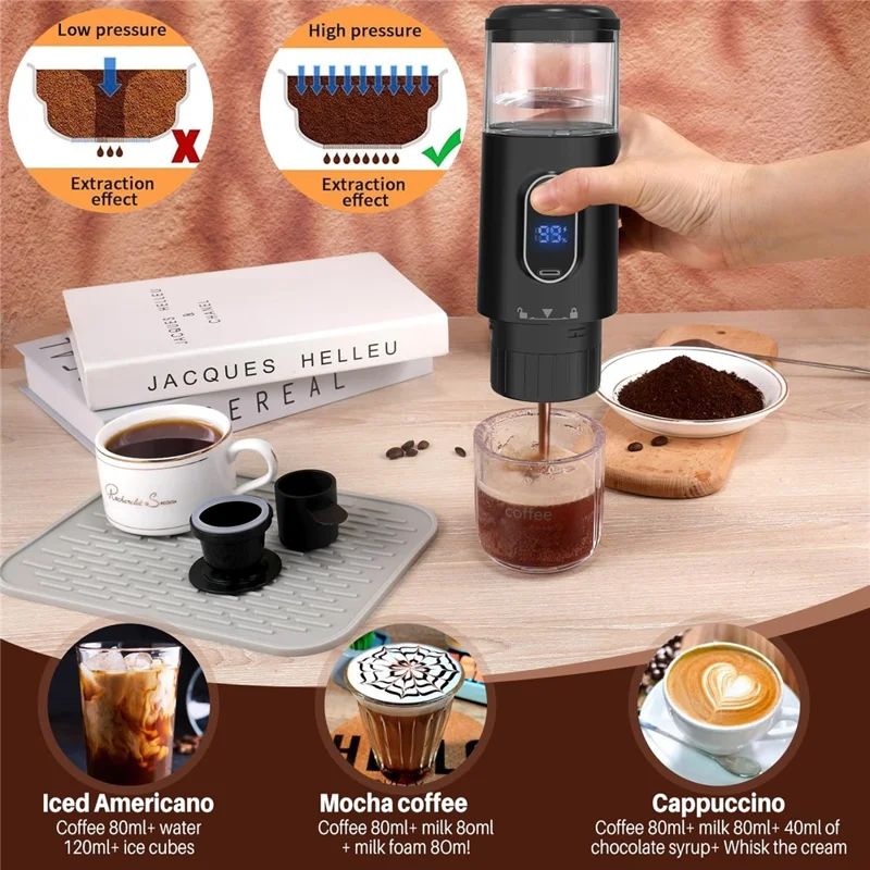 Portable Wireless Espresso Machine Electric Capsule Coffee Maker for Outdoor / Car / Home Use (BPA Free, No FDA) - Black