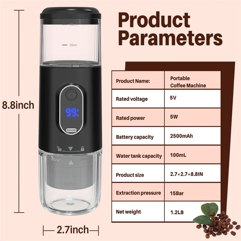 Portable Wireless Espresso Machine Electric Capsule Coffee Maker for Outdoor / Car / Home Use (BPA Free, No FDA) - Black