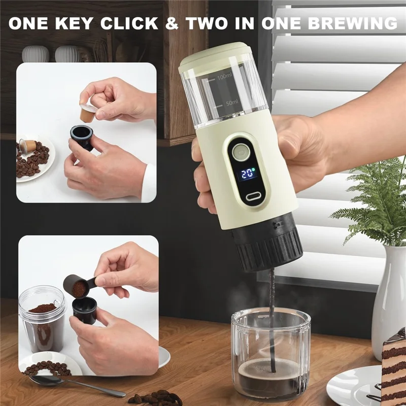 Tragbares kabelloses Espressomaschine für Outdoor, Auto und Zuhause Kompakte elektrische Kapselkaffeemaschine (BPA-frei, kein FDA) - Beige