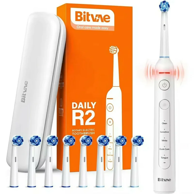 BITVAE R2 Rotating Electric Toothbrush Adults Rechargeable 5 Modes Waterproof Toothbrush with 8 Brush Heads - White
