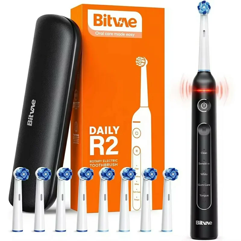 BITVAE R2 Rotating Electric Toothbrush Adults Rechargeable 5 Modes Waterproof Toothbrush with 8 Brush Heads - Black