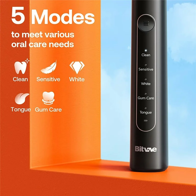 BITVAE R2 Rotating Electric Toothbrush Adults Rechargeable 5 Modes Waterproof Toothbrush with 8 Brush Heads - Black