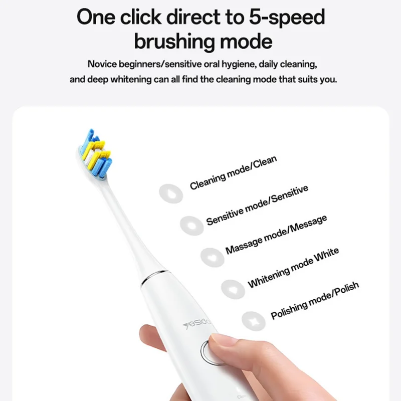 YESIDO MG24 IPX7 Waterdichte Sonic Elektrische Tandenborstel 38400 VPM Lange Batterij Ergonomisch Handvat - Wit
