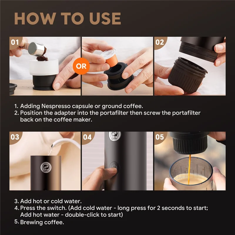 ICAFILAS Portable Capsule Coffee Machine 19 Bar High Pressure Extraction Small Electric Espresso Maker with 3 Tray - Black