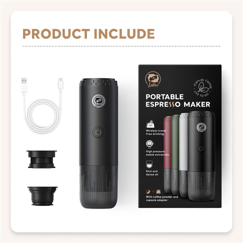 ICAFILAS Portable Capsule Coffee Machine 19 Bar High Pressure Extraction Small Electric Espresso Maker with 3 Tray - Black