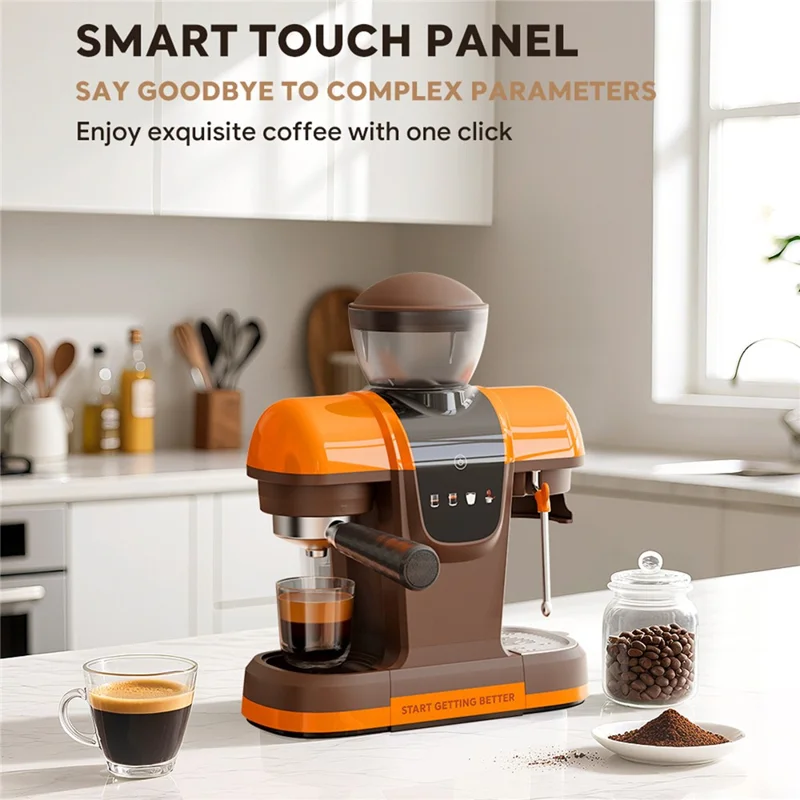 ICAFILAS Espresso Machine with Integrated Grinder 19 Bar Automatic Coffee Maker Hot / Cold Milk Frother for Home, EU Plug