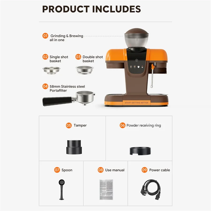 ICAFILAS Espresso Machine with Integrated Grinder 19 Bar Automatic Coffee Maker Hot / Cold Milk Frother for Home, EU Plug