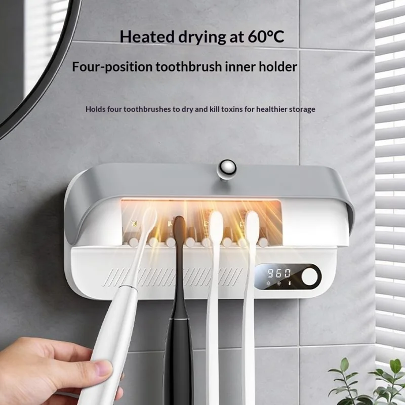 YESIDO MG32 UV Toothbrush Sterilizer Dryer Holder 4 Slots Wall Mount Digital Display Storage Sterilization Box for Bathroom